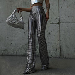 Women High Waist Stretch Silver Plaid Shiny Casual Pants