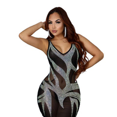 Sling See through Sexy Rhinestone Nightclub Mesh Dress