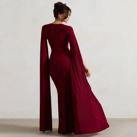 Square Collar Mop Long Sleeve High Slit Maxi Dress