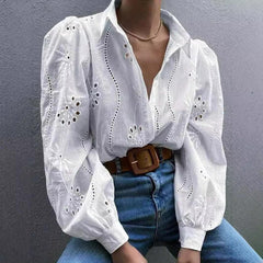 Women Embroidery Long Sleeve Collared Shirt