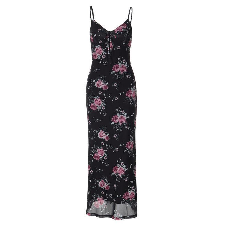 Sexy Low-Cut V-neck Floral Printed Mesh Dress - 808Lush