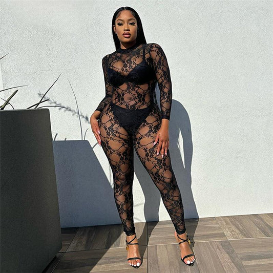 Sexy See through round Neck Long Sleeve Lace Tight One Piece Jumpsuit - 808Lush