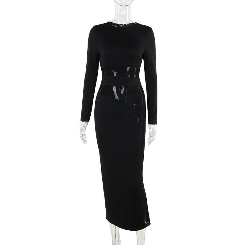 Elegant Slim Fit Mesh Stitching Long Sleeves Tight Midi Dress