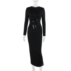 Elegant Slim Fit Mesh Stitching Long Sleeves Tight Midi Dress