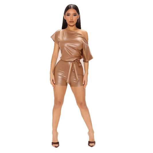 Sexy Casual off-the-Shoulder Faux Leather Romper - 808Lush