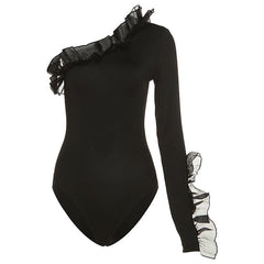 Women Mesh Flying Shoulder Sleeve Slim Sheath Bodysuit - 808Lush