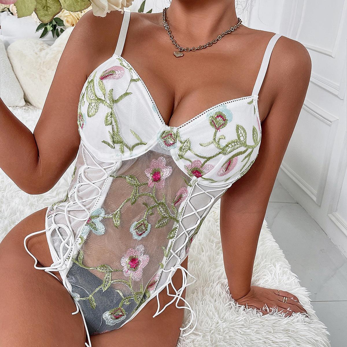 Floral Embroidery Sexy See through Lace up bodysuit - 808Lush