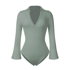 Sexy Rib Long Sleeve V neck women bodysuit - 808Lush