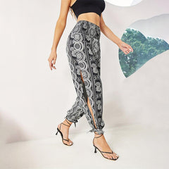 Loose Elegant Printed Hem Ankle Banded Women Slit Pants