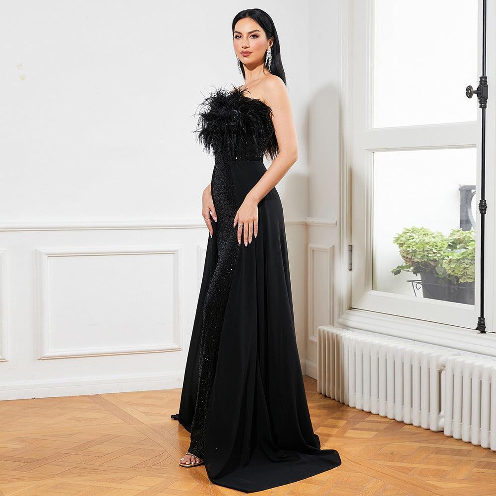 Sexy Long Sequined Sleeveless Feather Wrapped Chest Backless Cocktail Evening Dress Bridesmaid Bodycon Maxi Dress Women - 808Lush