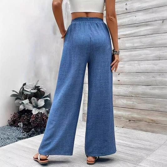 Ladies Wide Leg Pants Mid Waist Elastic Waist Casual