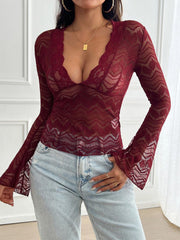 Long Sleeve V neck Pullover Sexy Lace Top