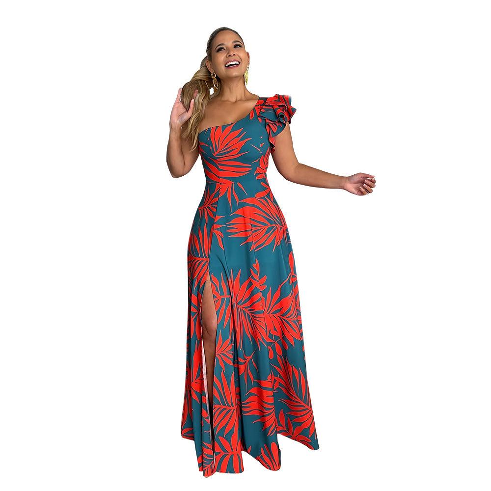 Half Open Shoulder Cocktail Evening Floral Maxi Dress