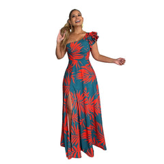 Half Open Shoulder Cocktail Evening Floral Maxi Dress