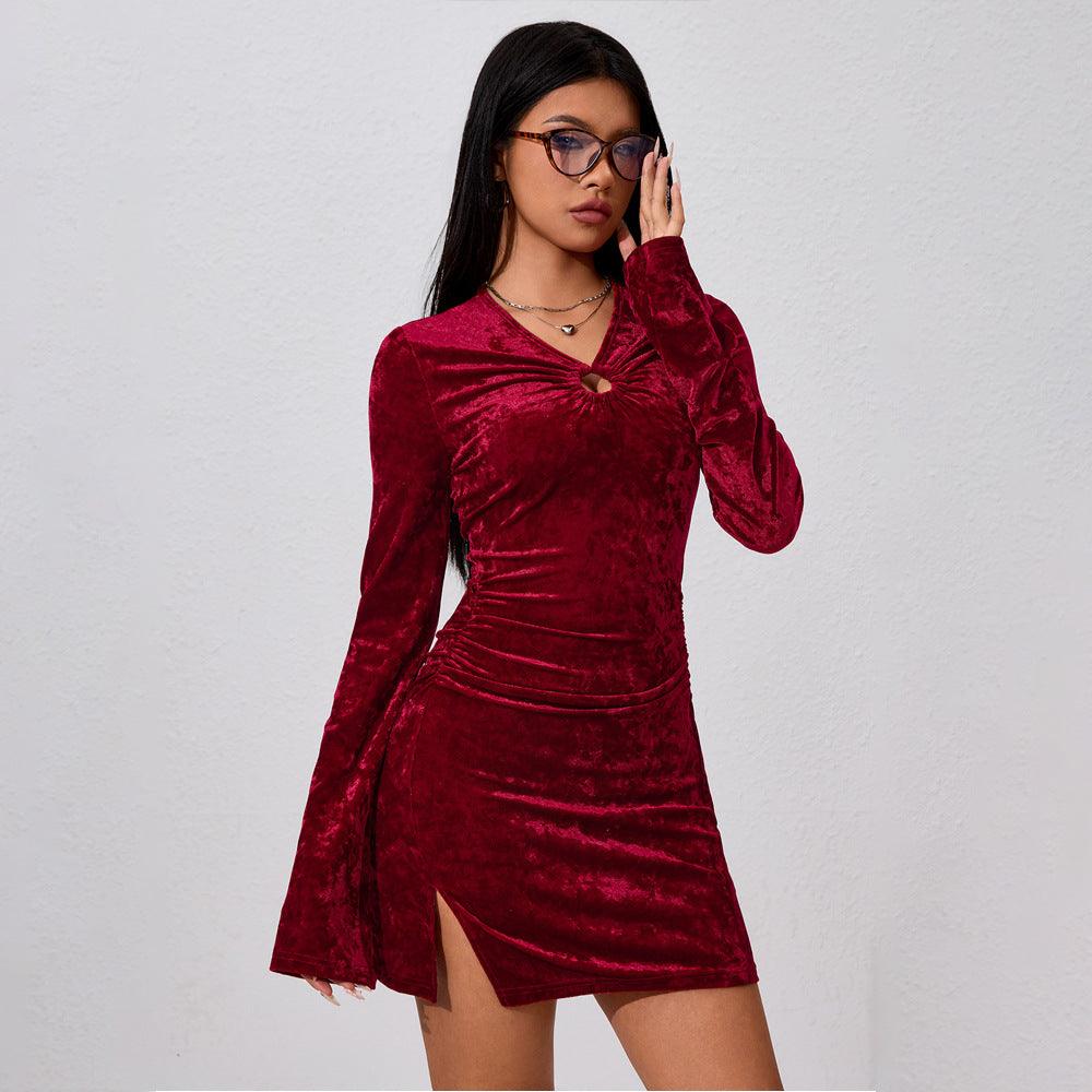 Women Sexy Dress Long Sleeve Pleated Short Dress