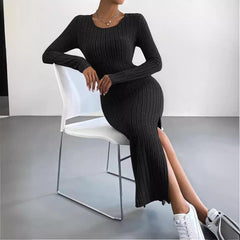 Long Sleeve Crew Neck Split Knitted Maxi Dress - 808Lush