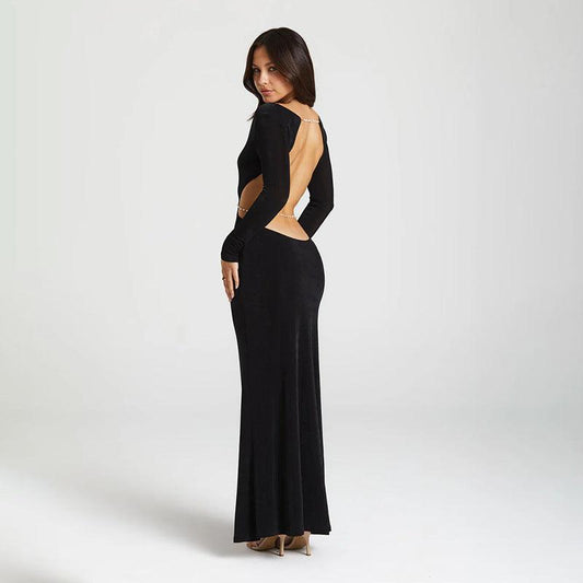 Fall Maxi Dress Elegant Sexy Backless Chain Long Sleeve Dress