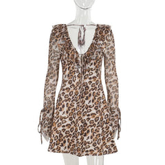 Leopard Print Ruffled Tied Long Sleeve Mini Dress