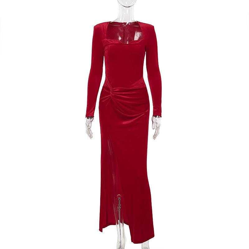 Elegant Long Sleeve Slit Velvet Maxi Dress