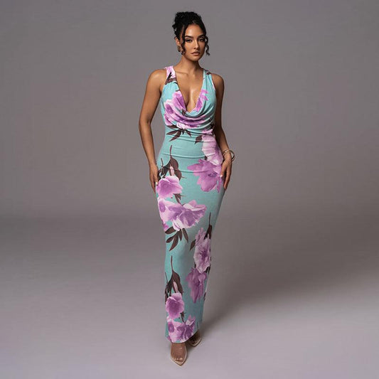 Floral Maxi Dress Printed Collar Vest Dress - 808Lush