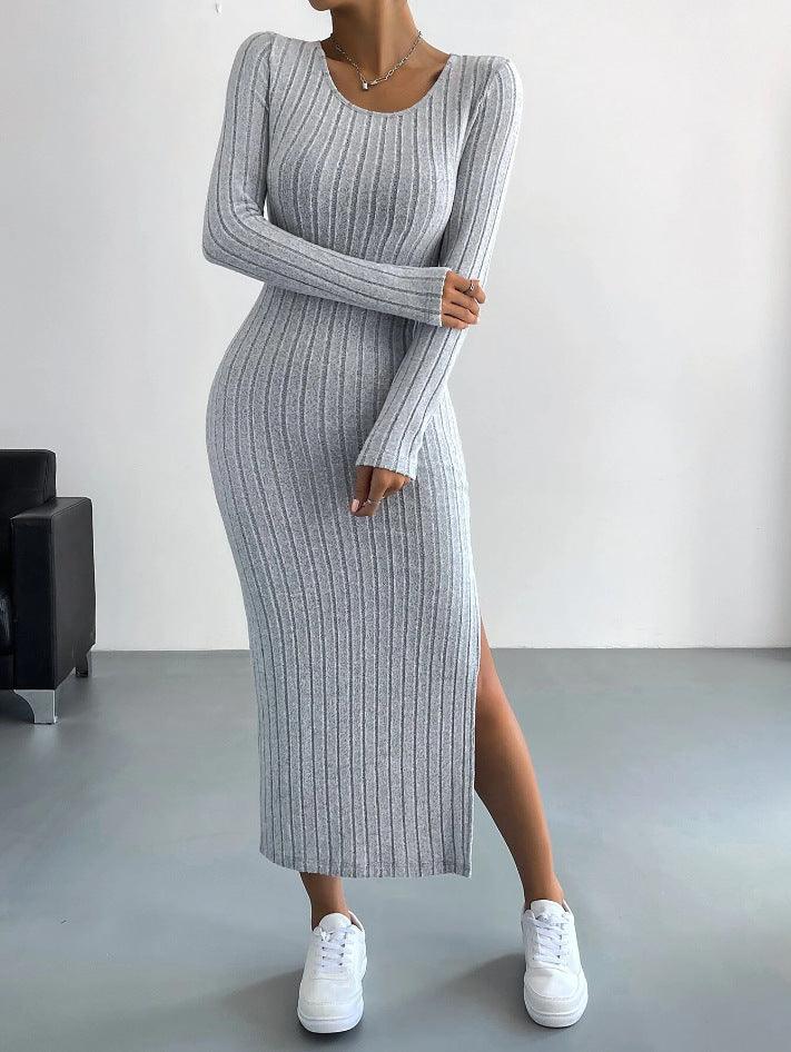 Long Sleeve Crew Neck Split Knitted Maxi Dress - 808Lush