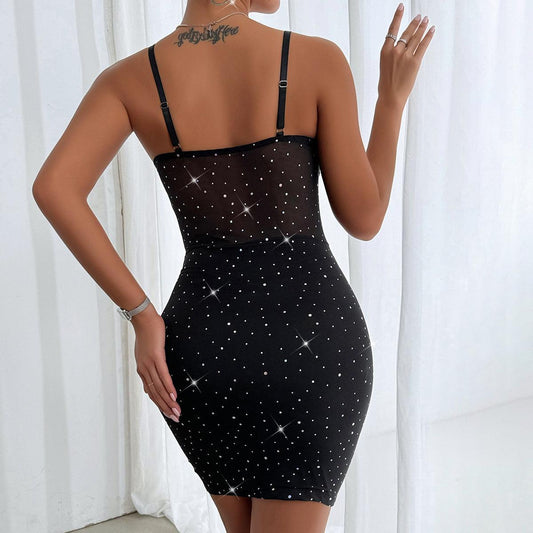 Sexy See Through Sequin Backless Corset Steel Ring Mini Dress