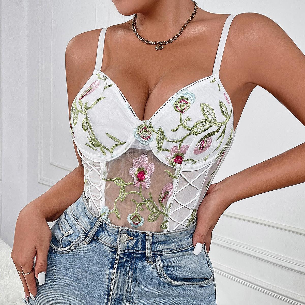 Floral Embroidery Sexy See through Lace up bodysuit - 808Lush