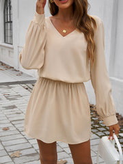 Long-sleeved women's temperament casual solid color puff sleeve dress