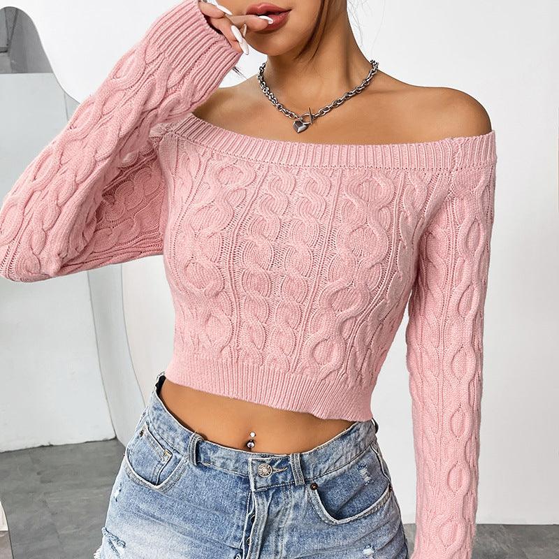 Sexy Cropped Sweater Tops Outerwear off Neck Slim Fit Sweet Pink Sweater - 808Lush