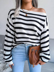 Women's straight neck off shoulder casual loose stripe knitted sweater - 808Lush