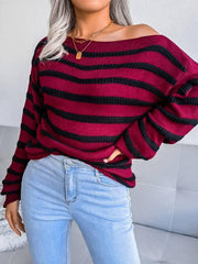 Women's straight neck off shoulder casual loose stripe knitted sweater - 808Lush