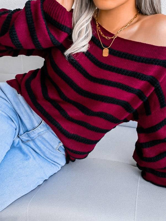 Women's straight neck off shoulder casual loose stripe knitted sweater - 808Lush