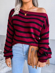 Women's straight neck off shoulder casual loose stripe knitted sweater - 808Lush