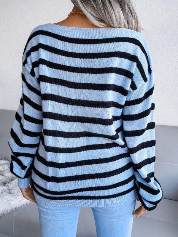 Women's straight neck off shoulder casual loose stripe knitted sweater - 808Lush