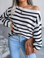 Women's straight neck off shoulder casual loose stripe knitted sweater - 808Lush