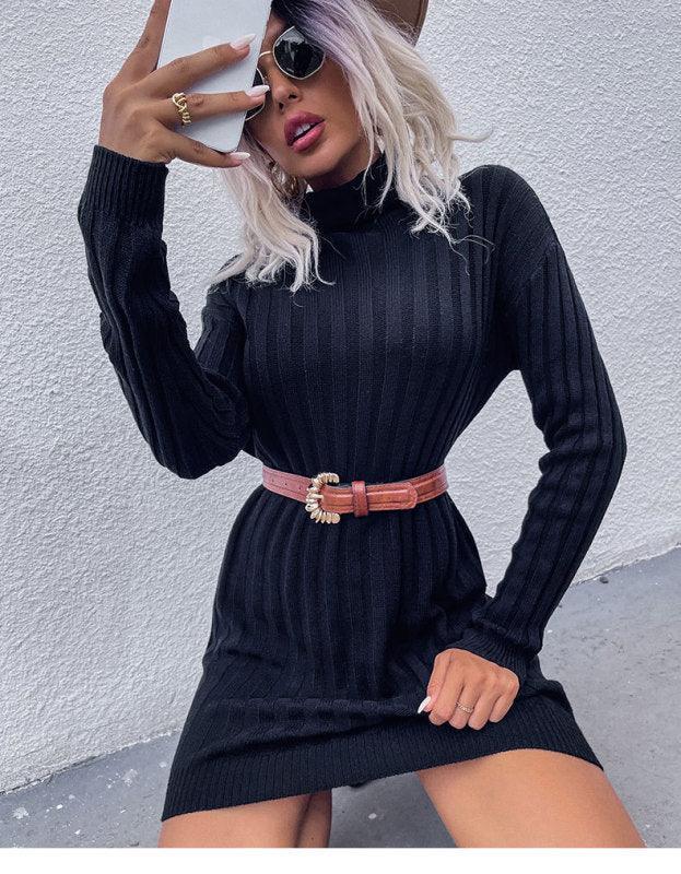 Women's Pit Strip Turtleneck Long Sleeve Loose Sweater Dress - 808Lush