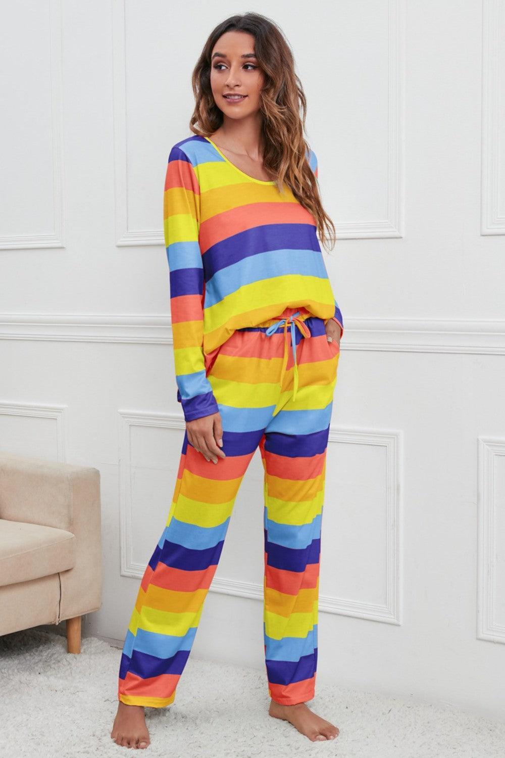 Striped Round Neck Long Sleeve Top and Drawstring Pants Lounge Set - 808Lush