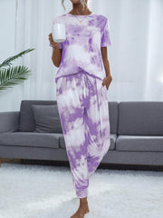 Tie-Dye Round Neck Top and Pants Lounge Set - 808Lush