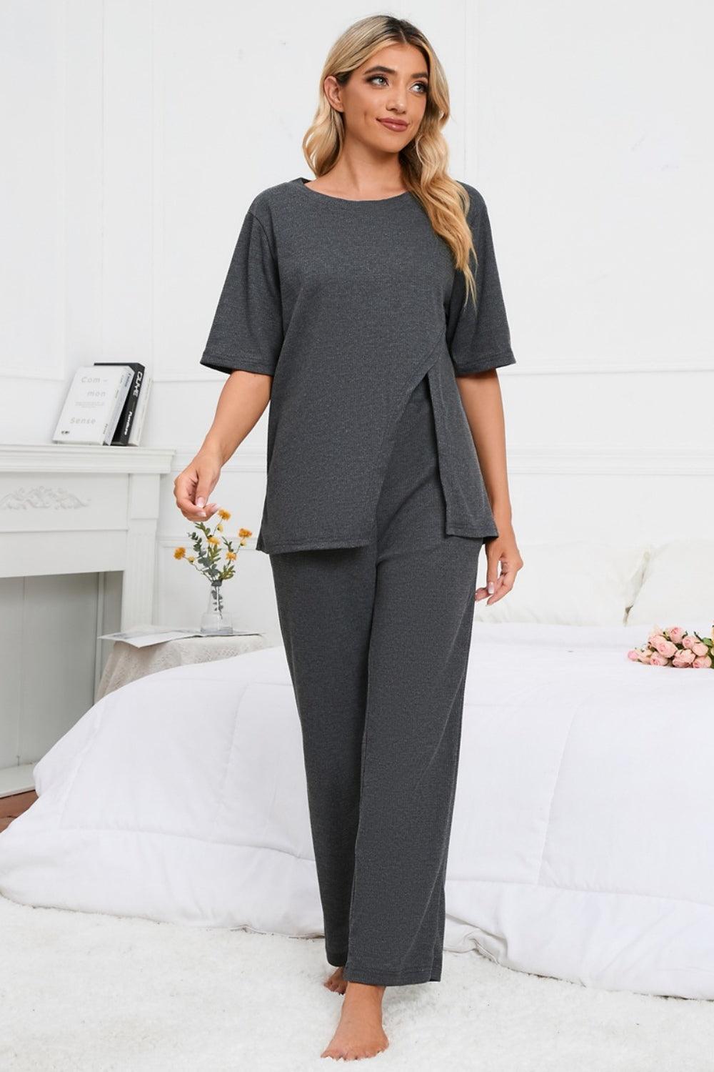 Slit Round Neck Top and Pants Lounge Set - 808Lush