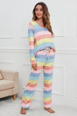 Striped Round Neck Long Sleeve Top and Drawstring Pants Lounge Set - 808Lush