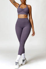 Ruched Halter Neck Bra and Pocketed Leggings Active Set - 808Lush