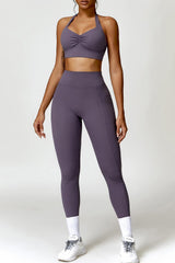 Ruched Halter Neck Bra and Pocketed Leggings Active Set - 808Lush