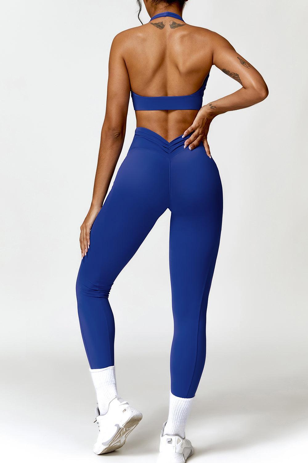 Ruched Halter Neck Bra and Pocketed Leggings Active Set - 808Lush