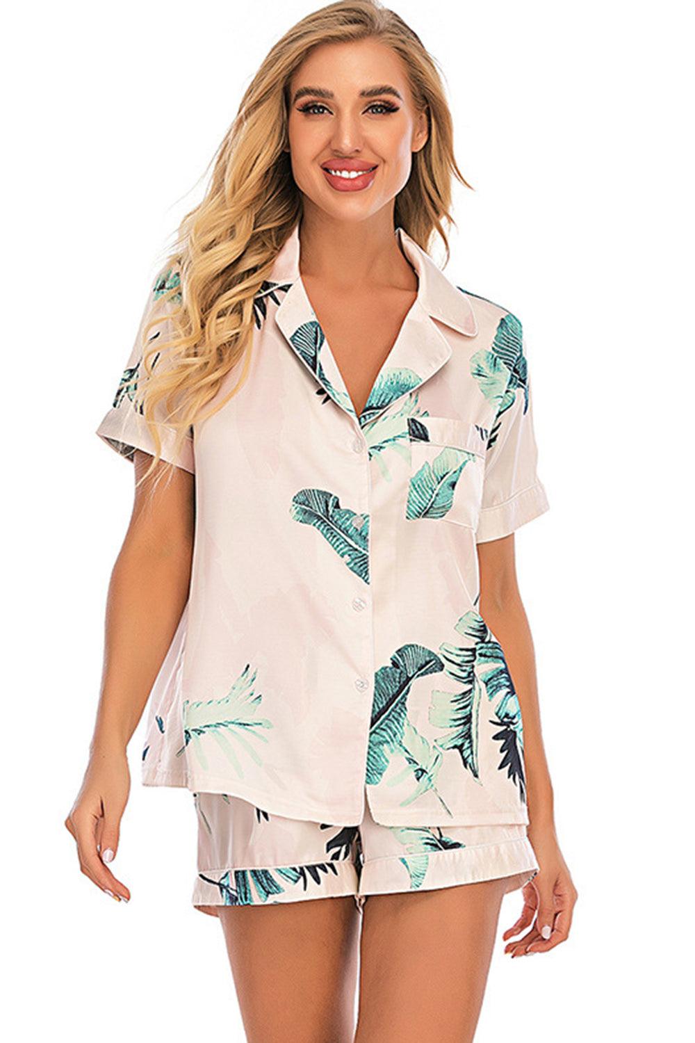 Printed Button Up Short Sleeve Top and Shorts Lounge Set - 808Lush