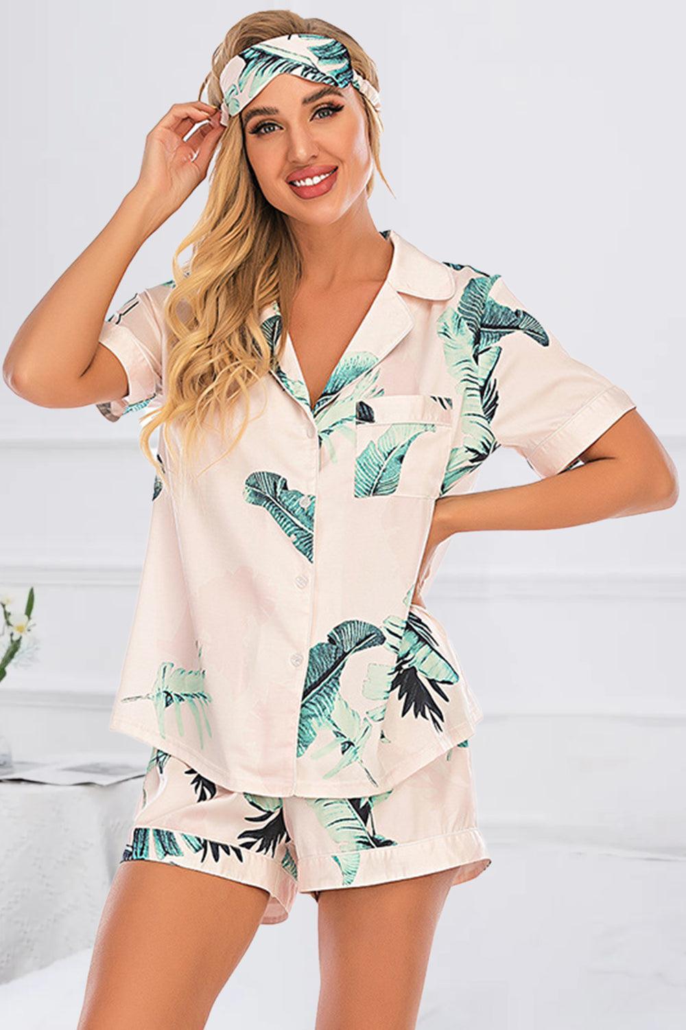 Printed Button Up Short Sleeve Top and Shorts Lounge Set - 808Lush