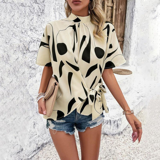 stand collar casual loose printed short sleeve top - 808Lush