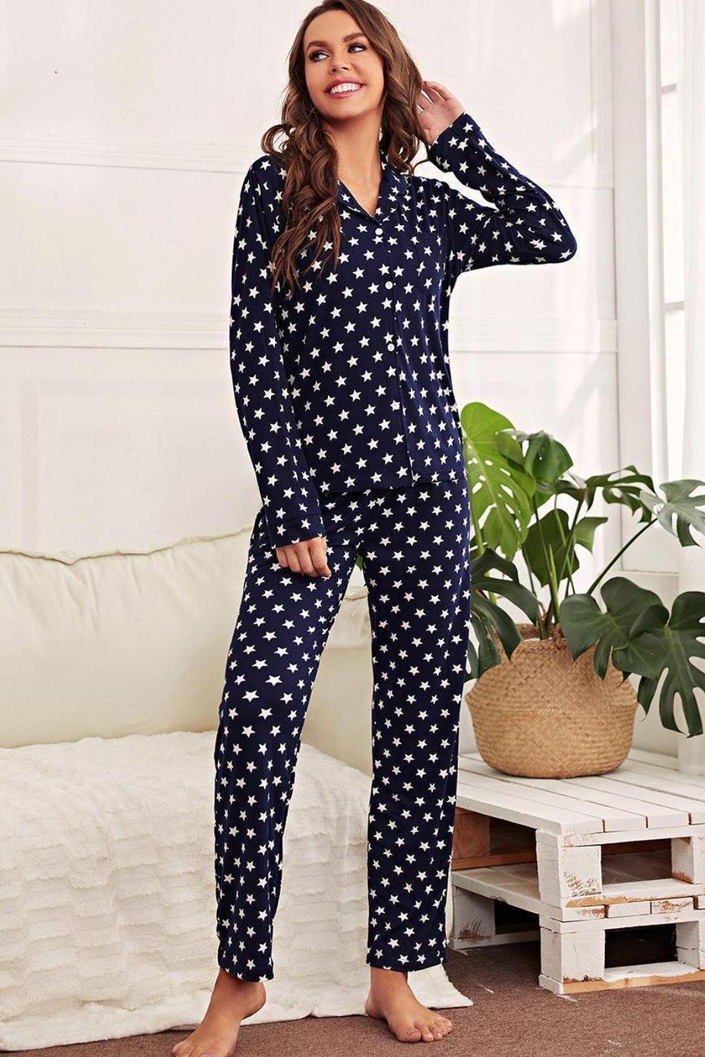 Star Print Button-Up Shirt and Pants Lounge Set - 808Lush