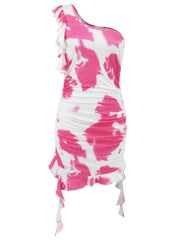 Ruffled Tie-Dye Single Shoulder Mini Dress - 808Lush