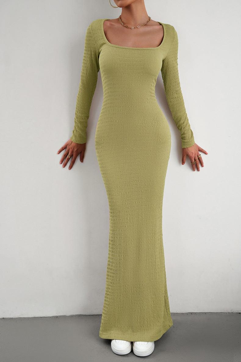 Long Sleeve Square Neck Maxi Bodycon Dress - 808Lush