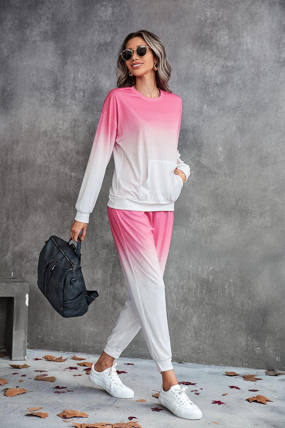 Gradient Round Neck Sweatshirt and Joggers Set - 808Lush